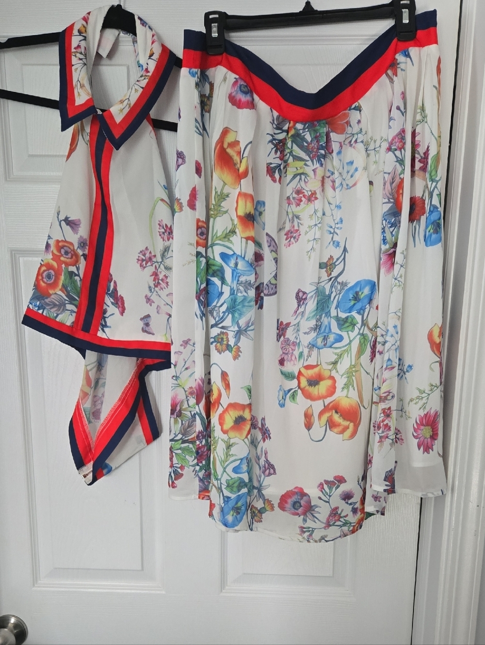 Fashion Nova White Floral A-Line Skirt with Red & Navy Trim